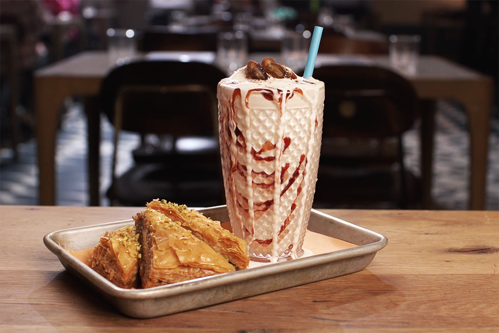 Pistachio baklava and a date and tahini milkshake from Rinna in Old Fourth Ward.